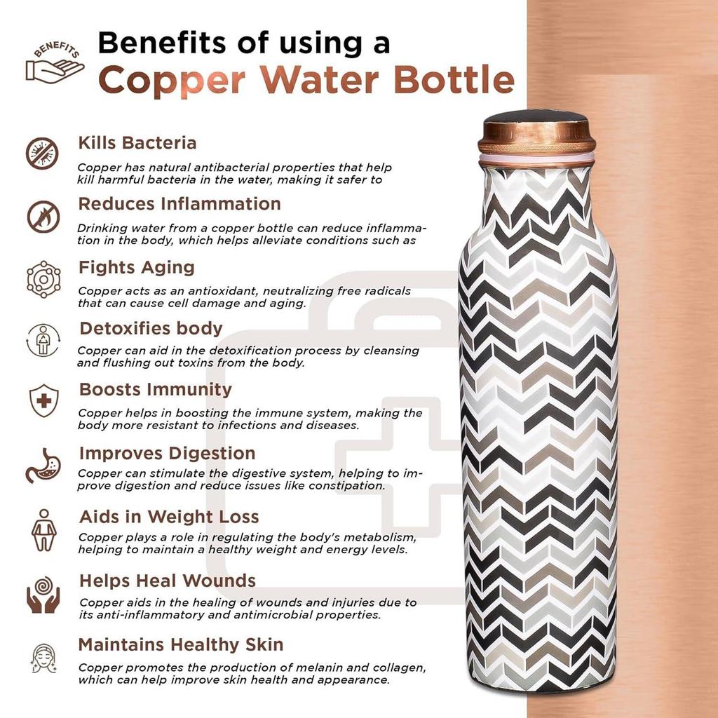 Reine Kupferwasserflasche 1 Liter Alkalisch und Antioxidativ 100% Auslaufsicher, Büro-, Fitnessstudioflasche, Moderne Tamba-Flasche  (Chevron, Schwarz & Grau)