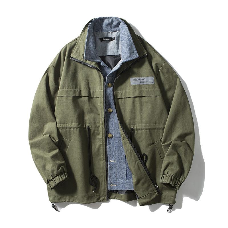 

Fake two-piece denim spliced jacket men s spring and autumn trendy brand retro tooling jacket American loose plus size baseball jersey 5XL армия зеленый