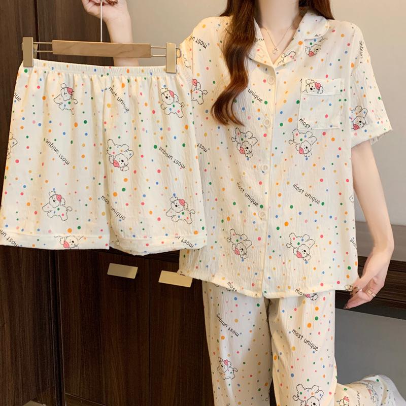 Homewear Cloud Cotton Frühling und Sommer Pyjama Damen Kurzarm Hose Cartoon Welpe Mädchen Dreiteiler