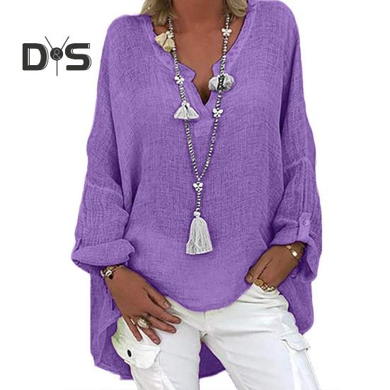

Женская рубашка с V-образным вырезом, длинным рукавом, средней длины, повседневные топы, однотонная свободная футболка из хлопка и льна, повседневная одежда 3XL фиолетовый