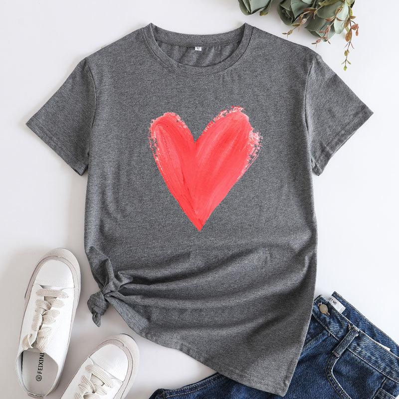 Summer women's plus size heart-shaped printed pure cotton loose round neck short sleeved T-shirts Women's
