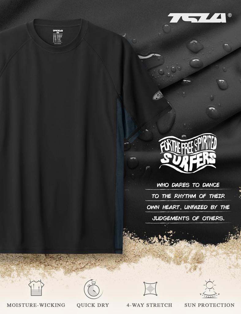 Tesla Short Sleeve Rash UV Flatlock Crew Neck Comfortable Waterproof UV Outdoor Men's Guard, Protection, Sweat-Wicking, Quick-Drying, Lightweight,