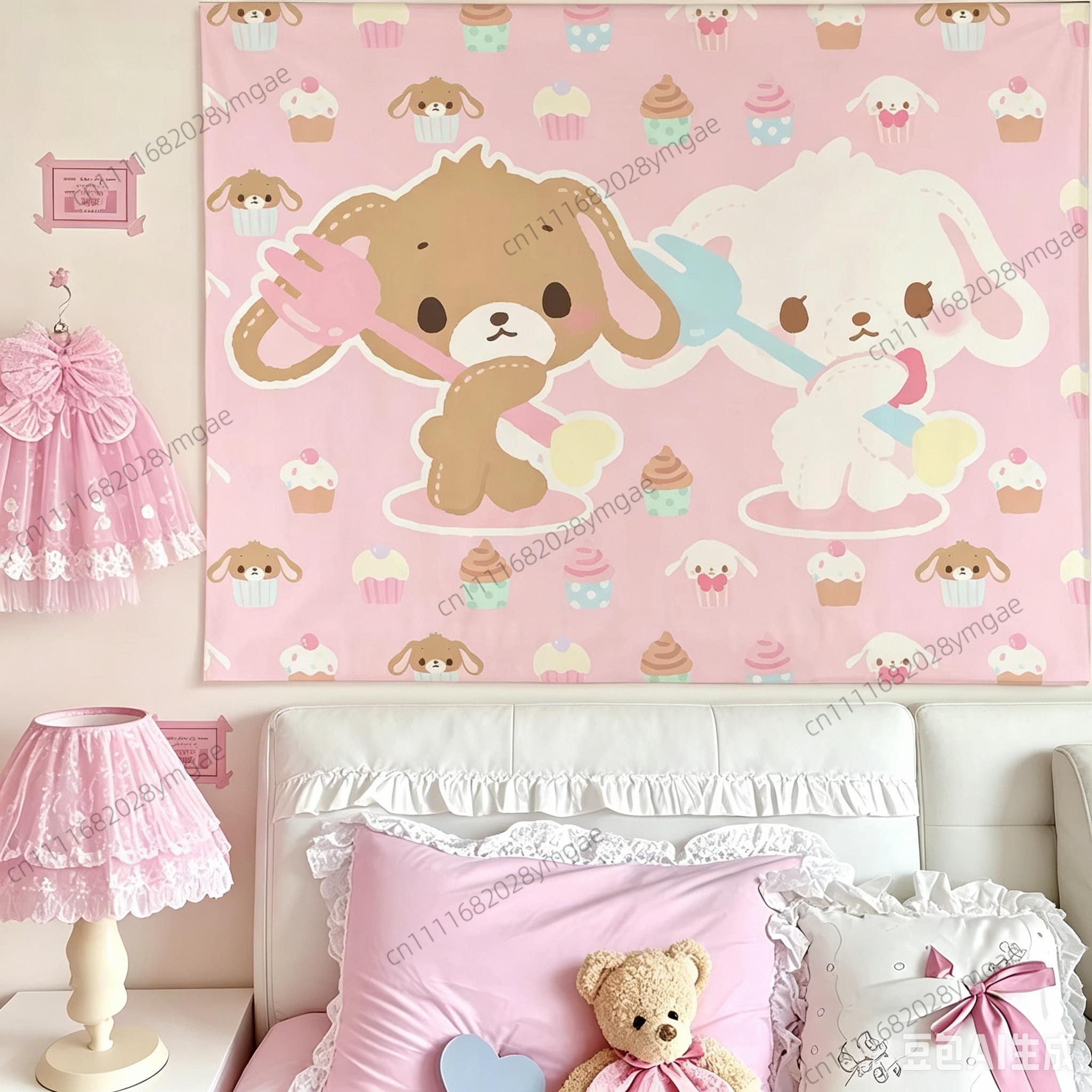 Cartoon Kawaii Pink Tapestry Cute Anime Girls Bedroom Wall Tapestries Babys Party Banners Background Cloth Room Art Flags Gifts 100X70CM