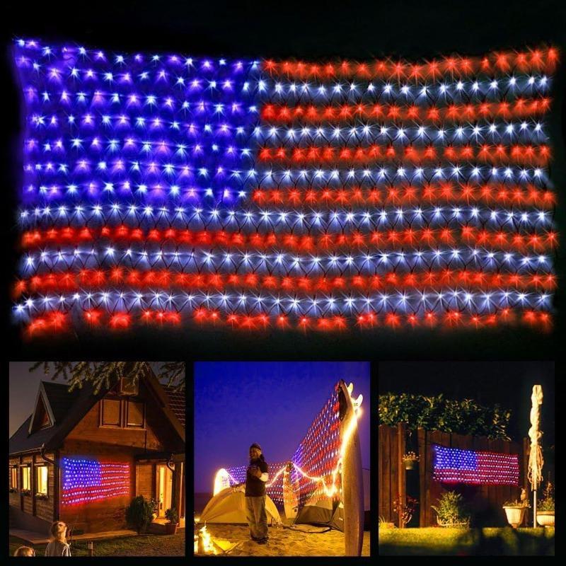 Solar-Girlande mit Flaggen, wasserdichte LED-Solar-Netzleuchten für Hof, Garten, Terrasse, Weihnachtsfest, patriotische Außendekoration