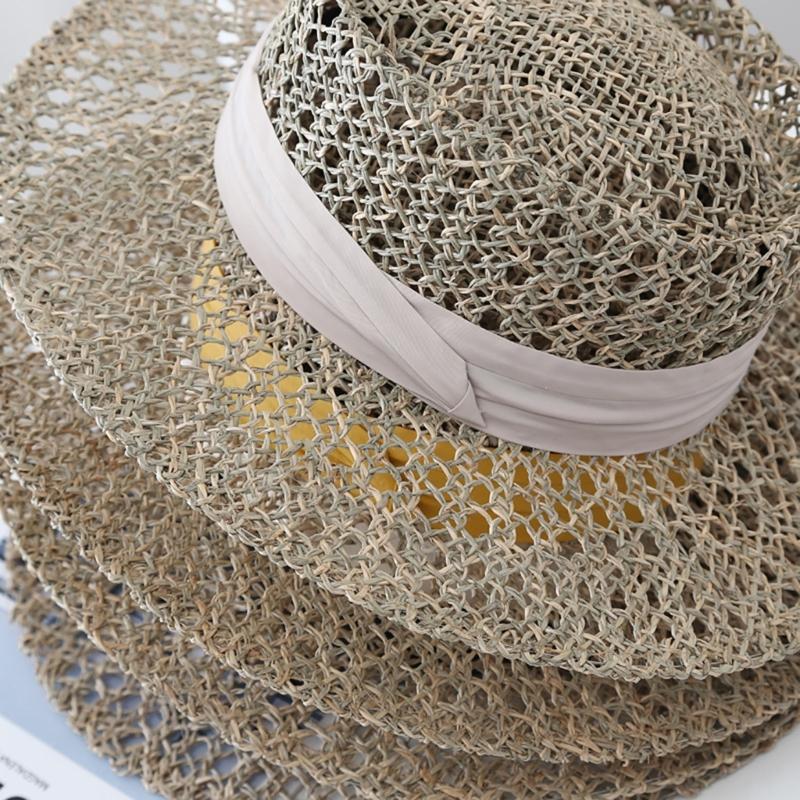 Woven Straw Hat Beach Sun Hat Hollows Out Sunhat Stylish Wide Border Hat for Casual Outings