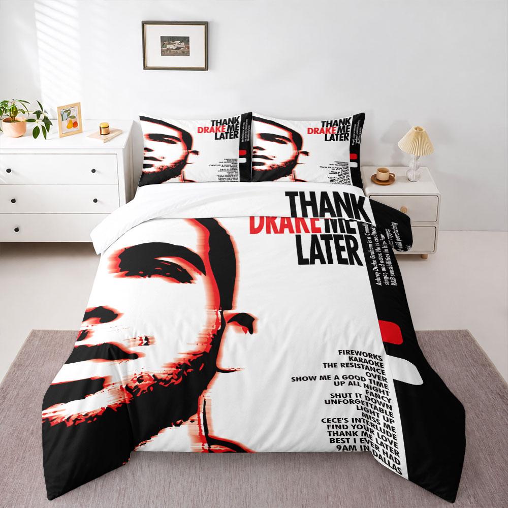 Drake Thank Me Later Album Duvet Cover Set, Red Silhouette Profile with Tour Tracklist on Black