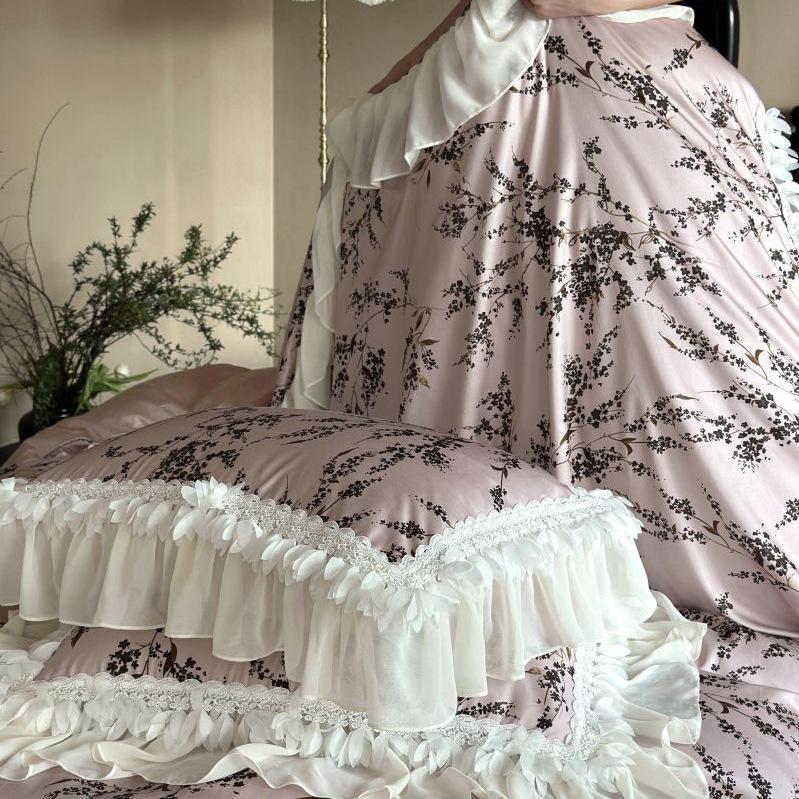 Tencel Cotton Bedding Four-piece Set Medieval Light Luxury Fashion Retro Chiffon Lace Printing Silky Smooth Quilt Cover Sheets