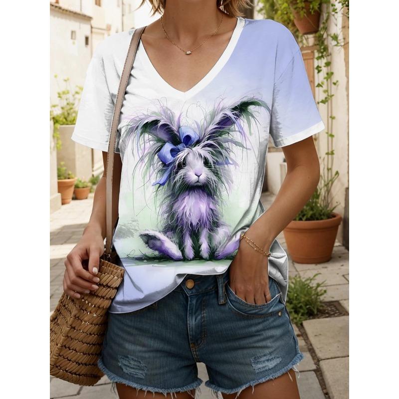 Fashionable New Casual Women's Clothing Color Pattern 3D Printed V-neck T-shirt Daily Loose Women's Short Sleeved T-shirt