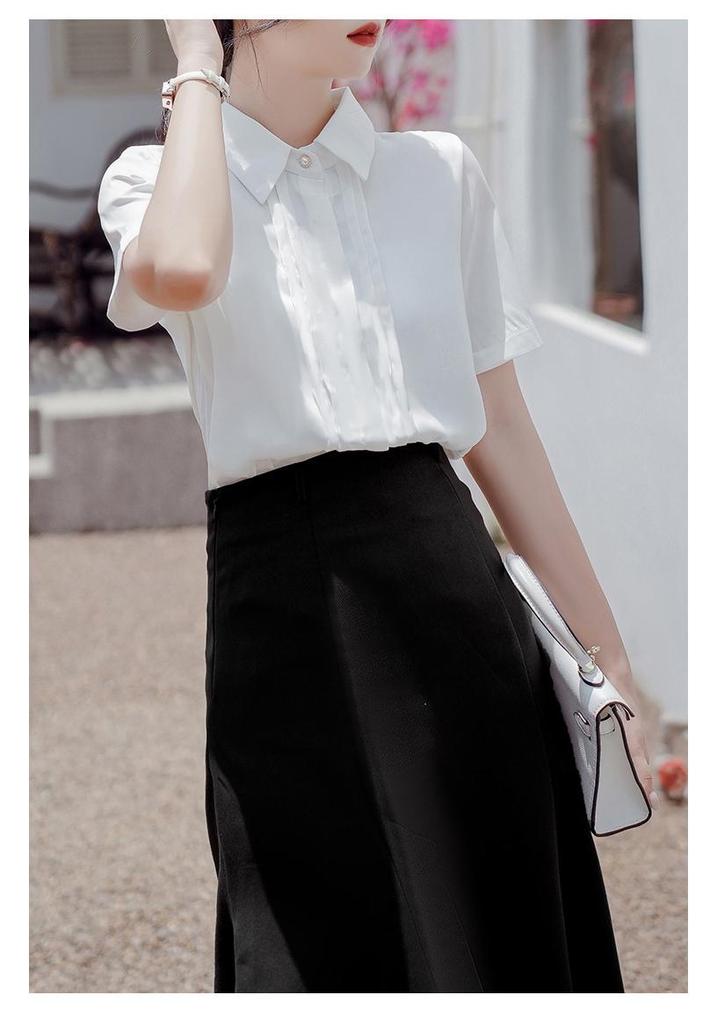 2026 Koreanischer Stil Plissiertes Satin-Chiffon-Hemd - Kurzärmelig, Vielseitige Damenmode