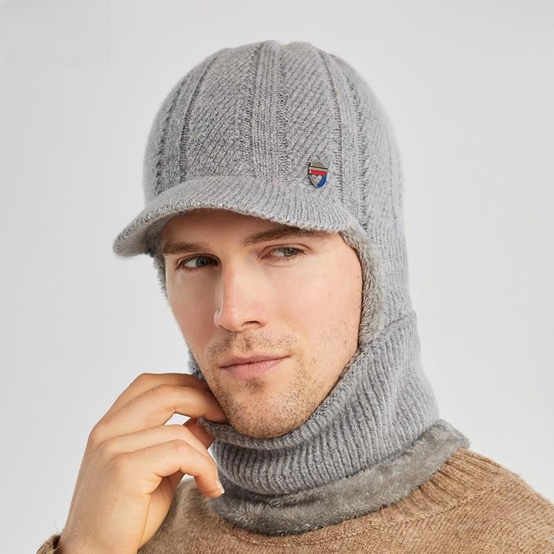 Knitted Hat Men Winter Warmth Earflap Cap With Neck Warmer For Casual Wear