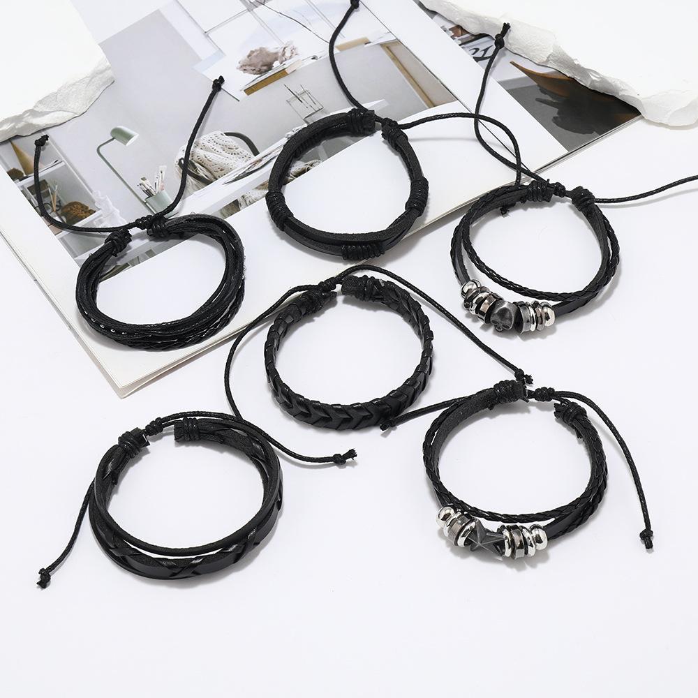New Punk Rock Skull Hand-woven Bracelet, Five-pointed Star Element Men's Multi-layer Leather Bracelet Bracelet