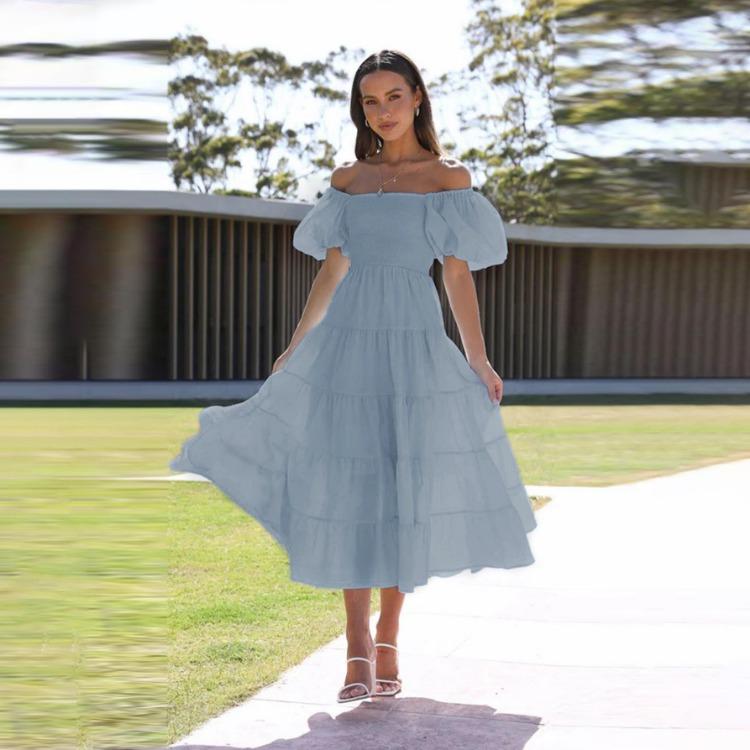 Women's Summer Strapless Print Pleated Dress Short Sleeve Ankle Length Fashion