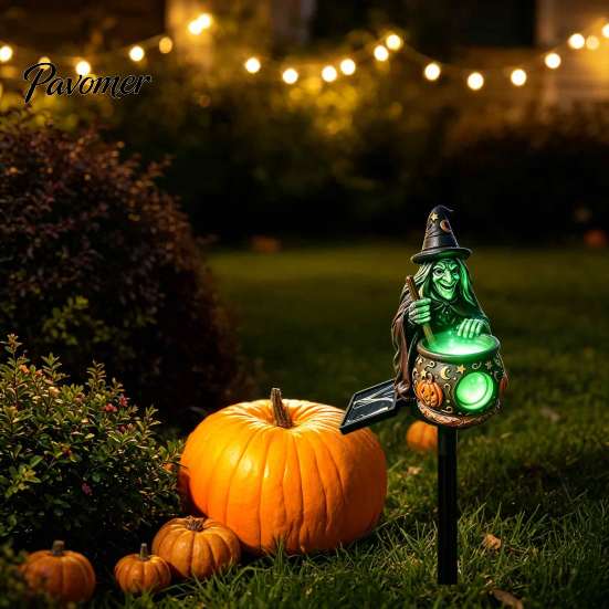 Whimsical Witch Hat Figurine Solar Cauldron Garden Stake Light, Resin Halloween Glowing Pathway Unique Pumpkin Pattern Decor Lamp, Waterproof Outdoor