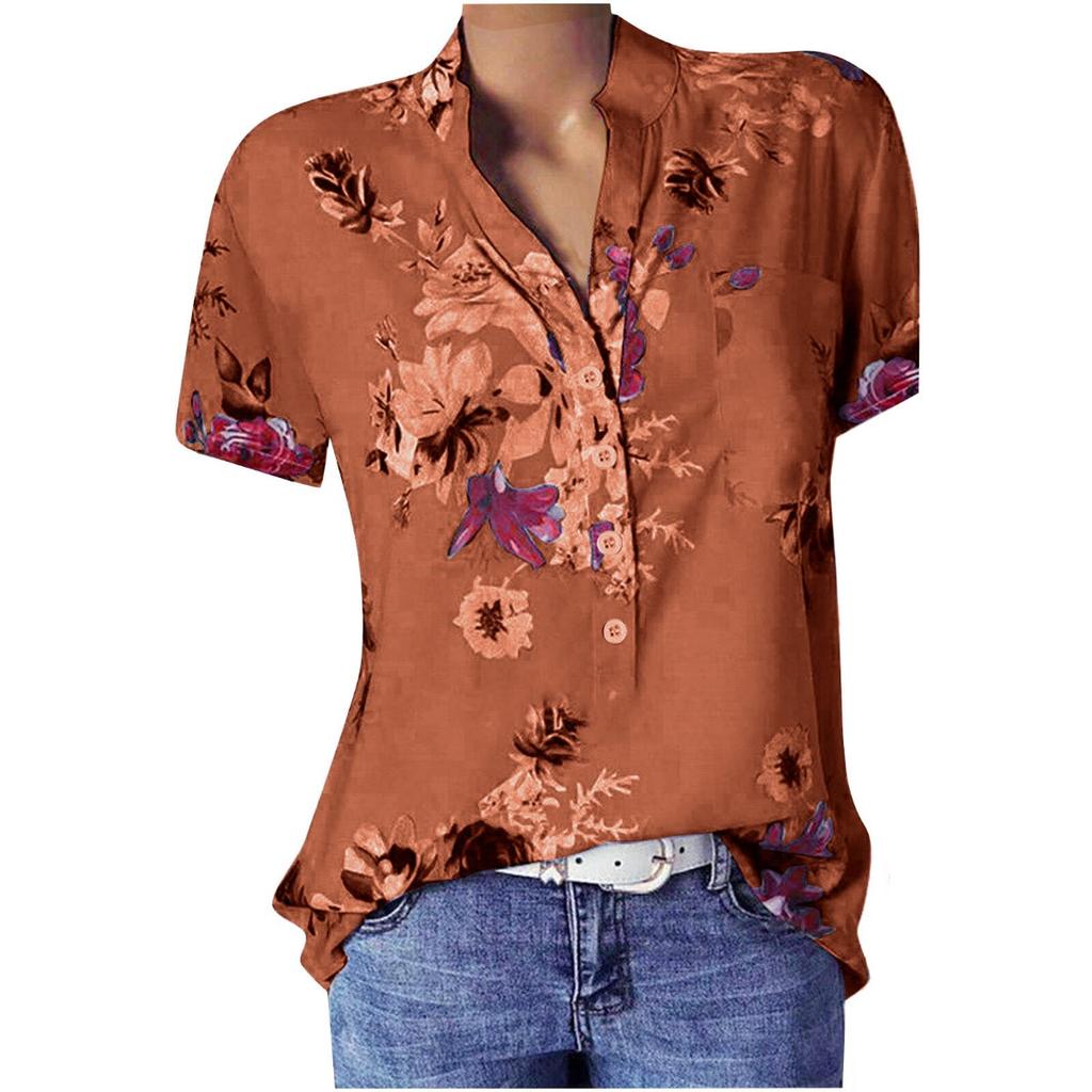 Women's Fashion Printed V-neck Short Sleeve Blouse, 10 Colors 8 Sizes Available Casual Summer Top