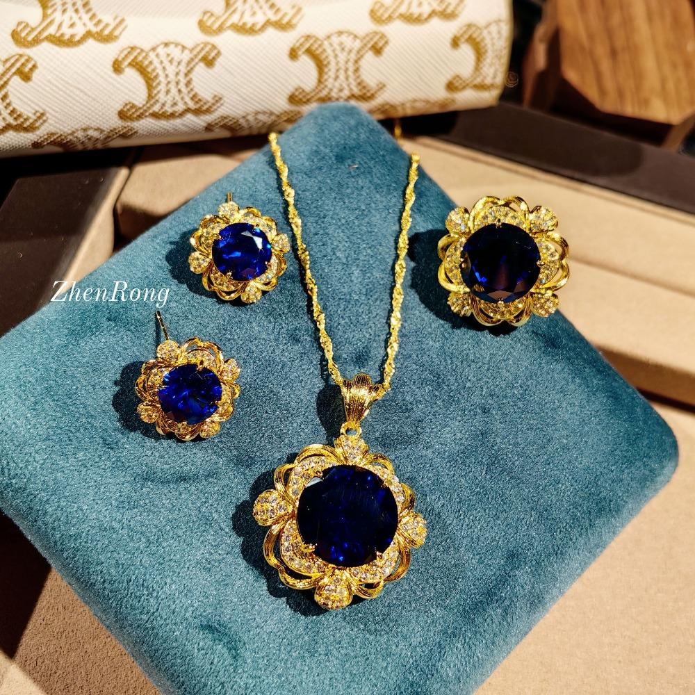 Royal Blue Jewelry Set for Women Italian Crafted Simulated Gemstone Pendant Open Ring Brushed Earrings