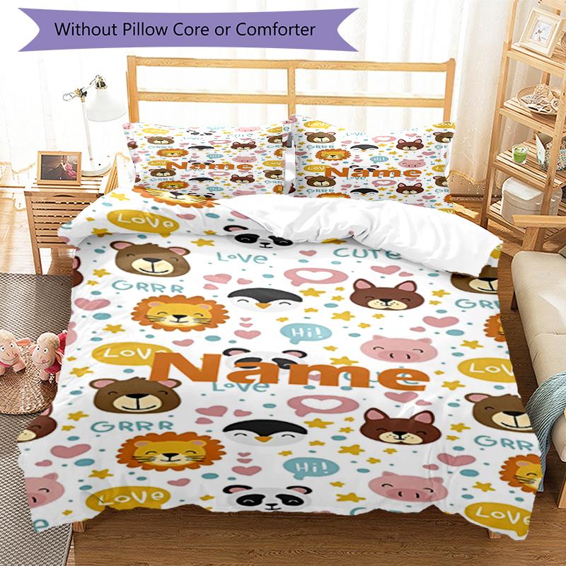 3pcs Custom Name Animals Bedding Set Duvet Cover Closure Includes 1 Duvet Cover & 2 Pillowcases, Soft and Comfortable for All Seasons.