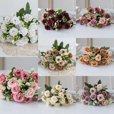 15 Head 5 Fork Artificial Silk Rose Small Tea Bud Wedding Bridal Bouquet  Home Floral Decor