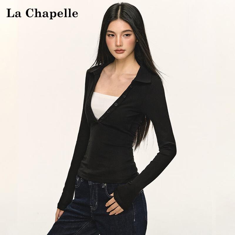 La Chapelle Women's Color-Block V-Neck Long-Sleeve Polo T-Shirt