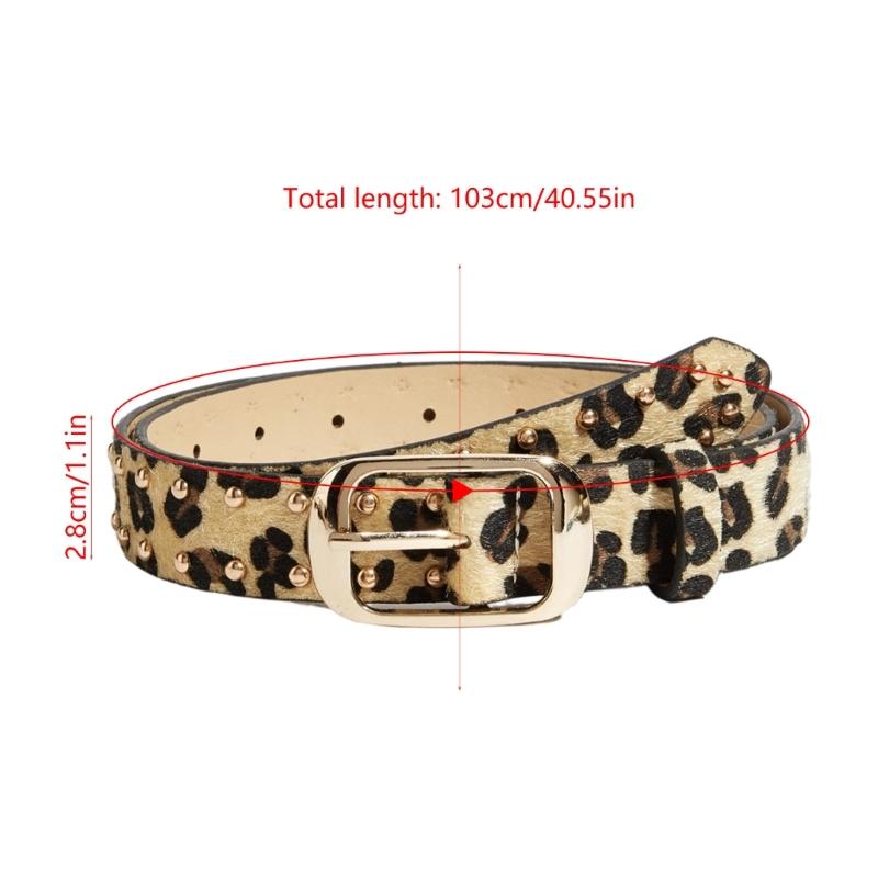 Leopard Print Waist Belt with Horsehair Patchworked Rivets Studded Design for Women Fashion Enthusiasts Music Festival