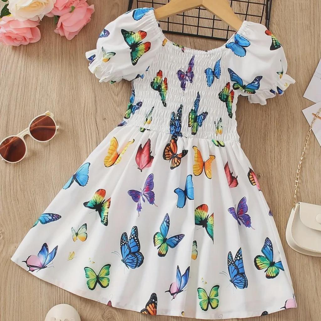 Girls' Summer Butterfly Print A-Line Dress