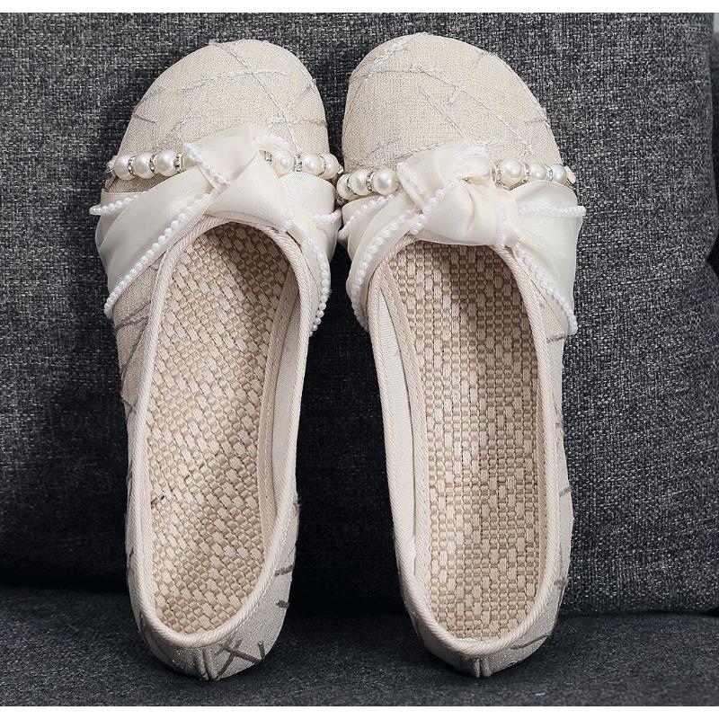 New Pearl Decorated Soft Bottom Flat Women's Shoes Spring Casual Breathable Lightweight Cotton Upgraded Version Fairy Style