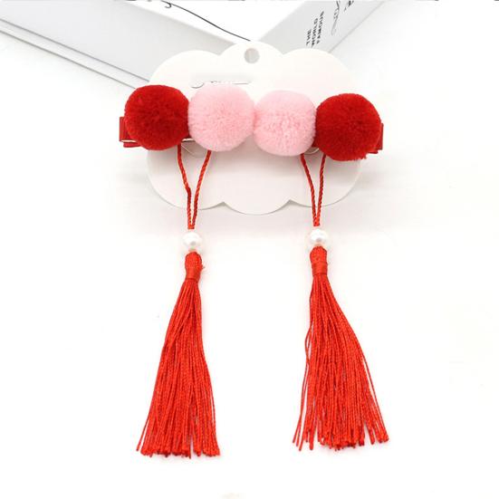 1Pair Chinese Style Kid Girl Pompom Fan Tassel Hairpins Hair Clips Accessories