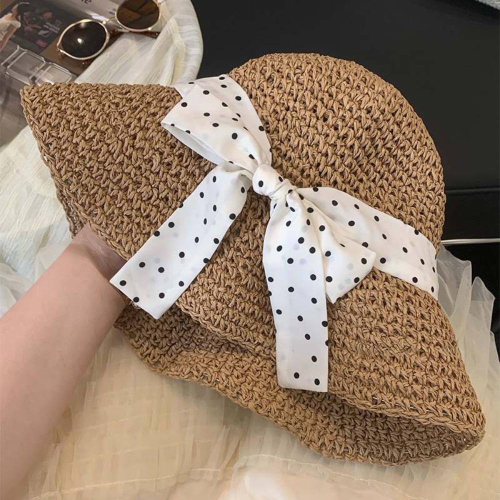 Wide Brim Straw Hat Polka Dot Sunshade Hat Fashion Sunscreen Hat  Seaside Beach