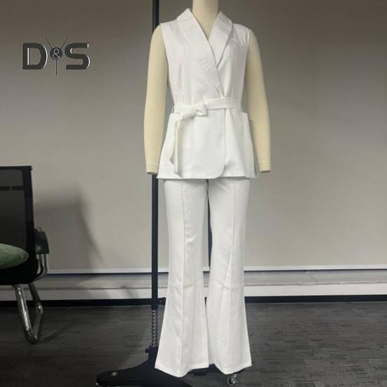 2 Pcs/Set Women Coat Pants Set V Neck Lace-up Slim Waist Mid Length Cardigan Sleeveless Jacket Wide Leg High Waist Straight Trousers Lady Formal