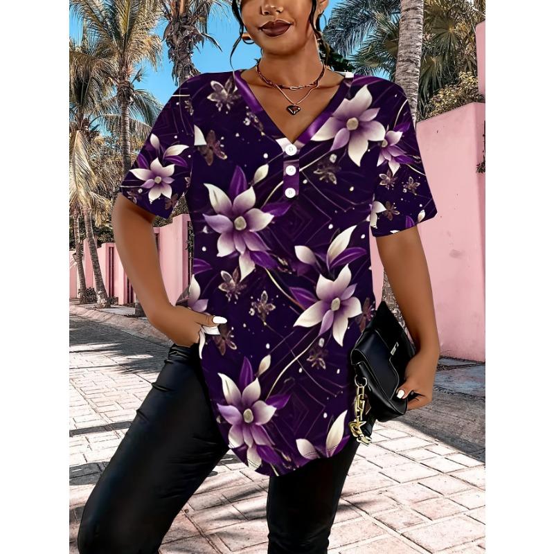 Women s Plus Size Purple Printed V-Neck Short Sleeve Blouse S
