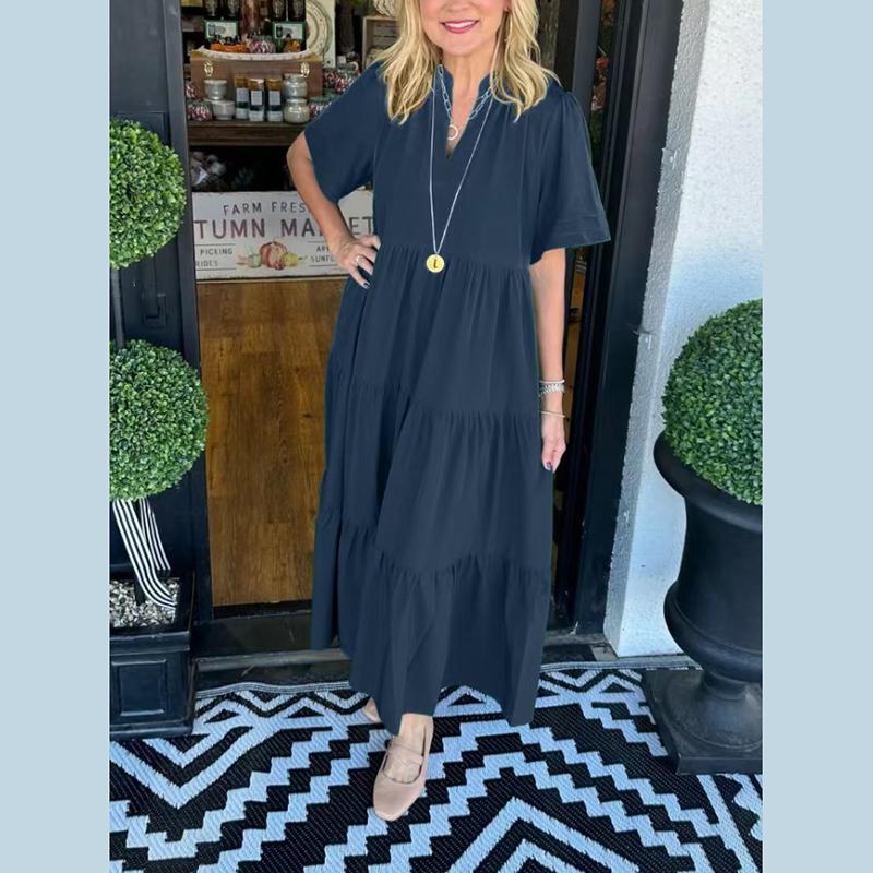 

Женское летнее платье с коротким рукавом, воротником-стойкой, однотонное, цельное XL