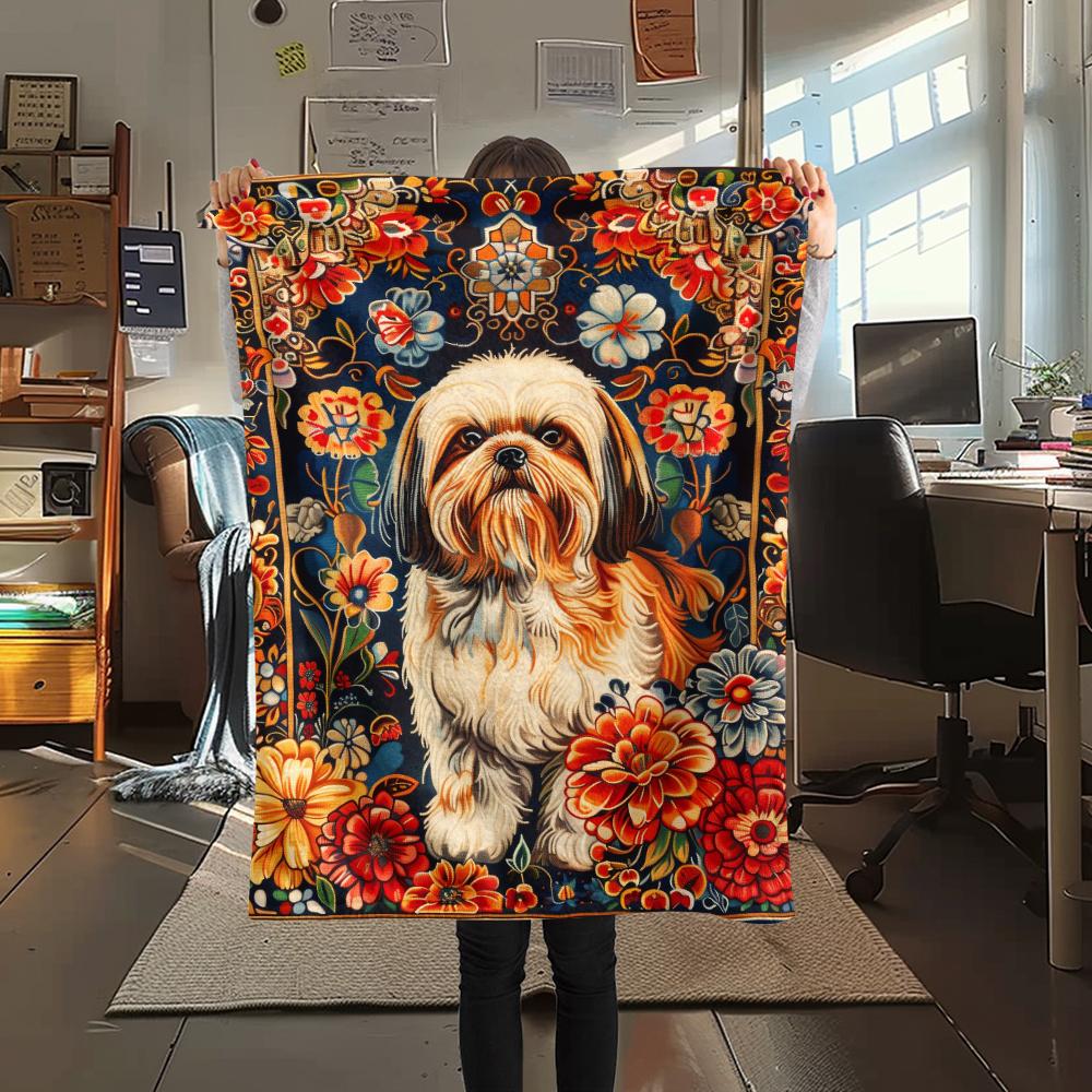 1Pc Floral Dog Print Flannel Blanket, High quality Comfortable for All Seasons, Home Decor, Warmth and Comfort, Perfect for Christmas Gifts