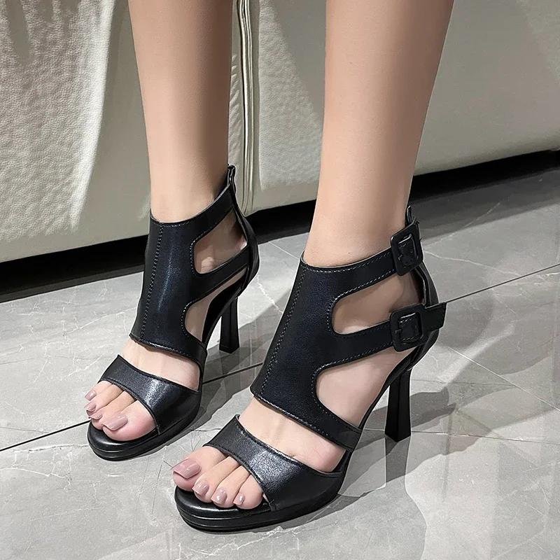 Fashion 2024 summer New Women's Fashion Belt buckle Hollowing out High heels Rear zipper Exposed toe Slender heel Rome Sandals