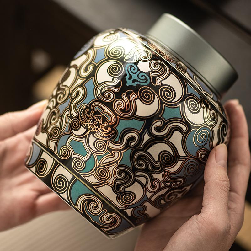 Taotie Ceramic Tea Can with Gold & Silver Inlay - Double-Metal Lid & Sealed Storage, Retro Chinese Design