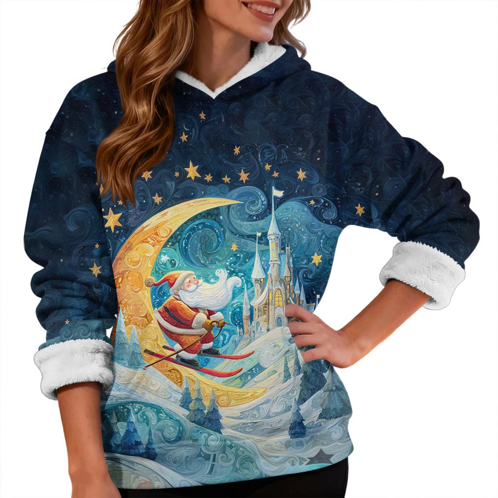 Women's Fashionable Casual Long-Sleeved Christmas Print Fleece-Lined Thick Hooded Sweatshirt