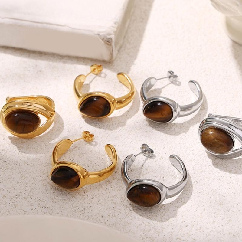 Sophisticated C Shaped Earrings Rings with Tigers Eye Stone to Elevating Your Look Styles at Any Evening Event