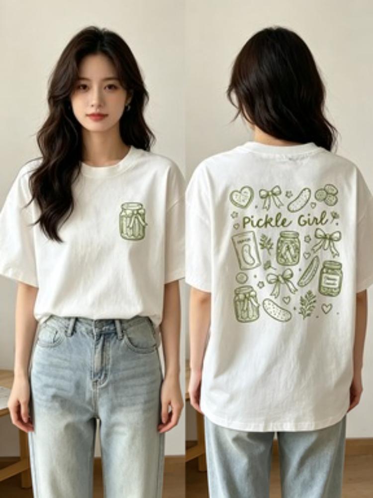 Aesthetic Pickle Girl Tshirt Coquette Bow Graphic Tee Summer Short Sleeve Kawaii Harajuku Trendy Fashion Streetwear Unisex Tops