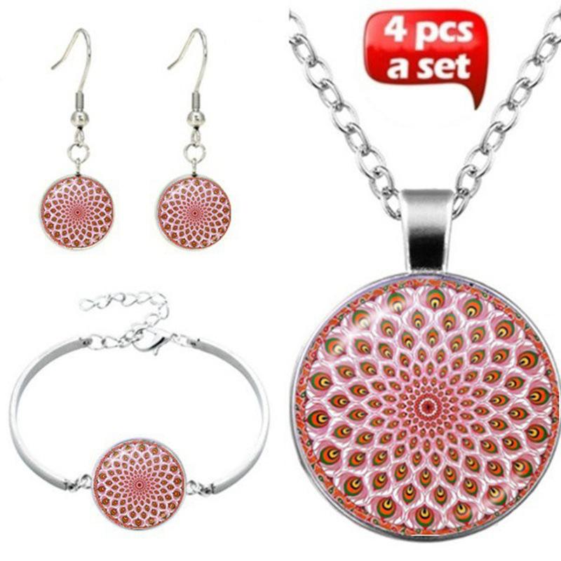 Accessories, Geometric Round Jewelry Three-Piece Set, Mandala Time Gem Necklace, Stud Earrings Bracelet