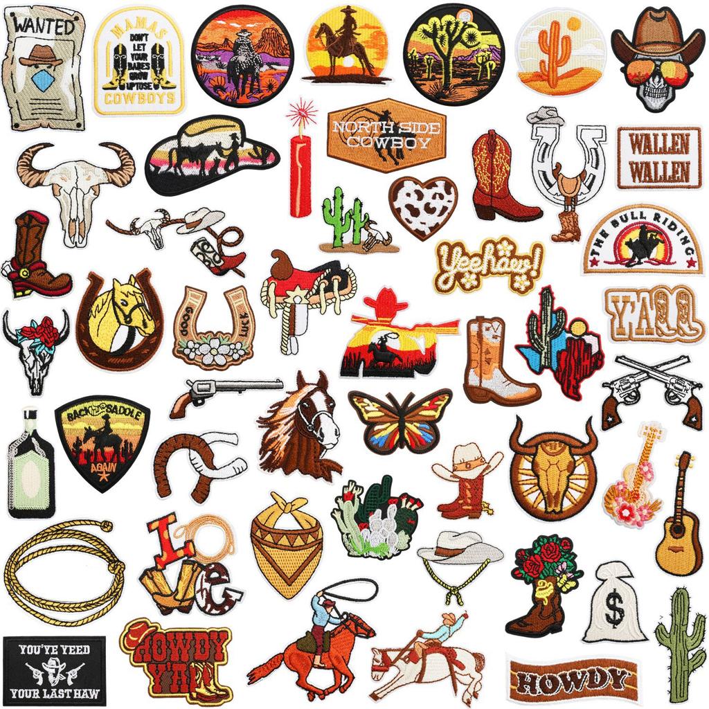 52 Pezzi Stoffa Ricamata Mista Tema Western Denim Adesivo Stile Punk Teschio Patch Adesivo Decorazione Vestiti Cactus