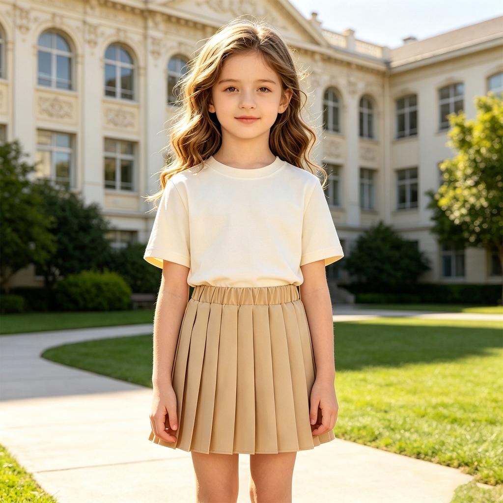 Girls Pleated Skirt with Elastic Waist and Built-in Shorts for School and Daily Wear