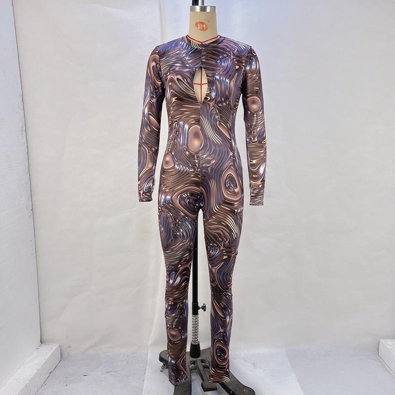 Women's 2024 Autumn/Winter Backless Long-Sleeve Jumpsuit with Chest Cutout