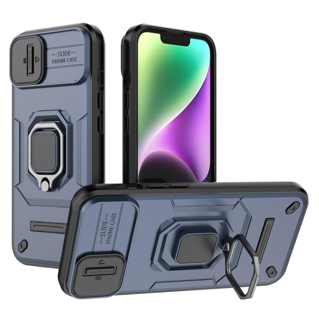 For iPhone 15 PC+TPU Impact-Resistant Phone Case Slide Lens Protection Kickstand Cover