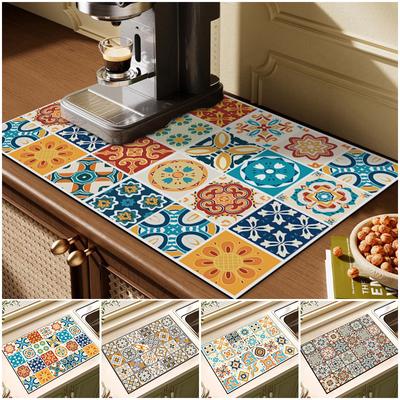 Retro Tableware Drying Mat Vintage Kitchen Placemat Countertop Absorbent Draining Mat Coffee Machine Draining Pad Home Supplies