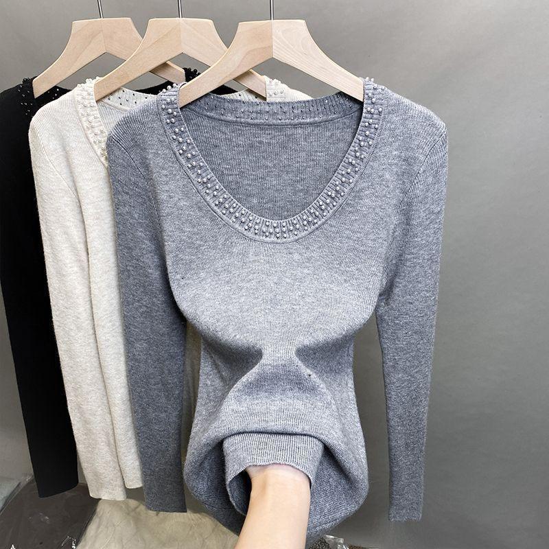 New Autumn Winter Fashion Korean Edition Beaded Round Neck Sweater Loose and Versatile Western Style Slim Knitted Women's Top