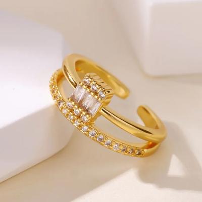 Anéis Geométricos Duplos de Cristal Para Mulheres Aço Inoxidável Banhado a Ouro 18K Anel de Zircônia Festa Joias de Natal Presente