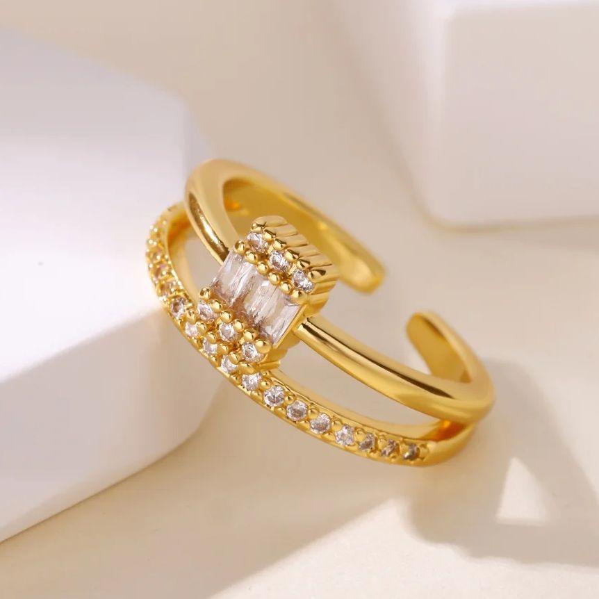 Crystal Double Geometric Rings For Women 18K Gold Plated Stainless Steel Zircon Ring Party Christmas Jewelry Gift