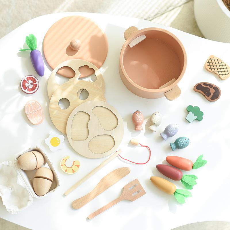 Wooden Kids Simulation Play House Cooking Kitchen Set Parent-Child Educational Fishing Vegetables Multifunctional Interactive Toys