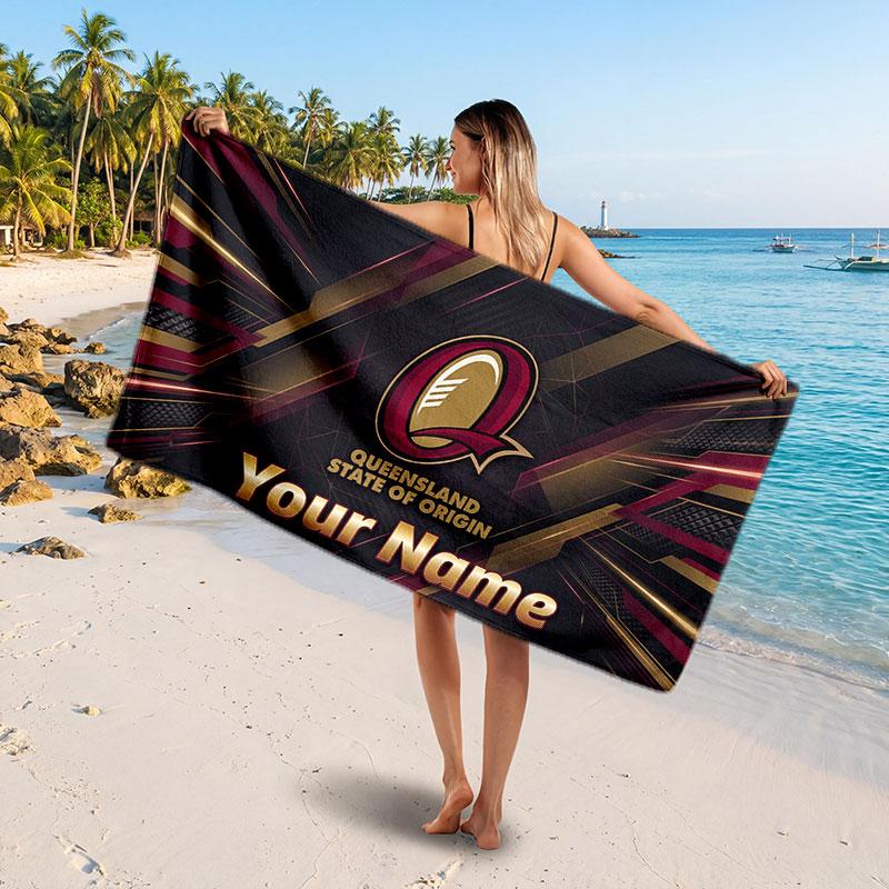Queensland Maroons Customized Name Text Beach Towel, Soft Absorbent Towel Beach Pool Travel Personal Gift
