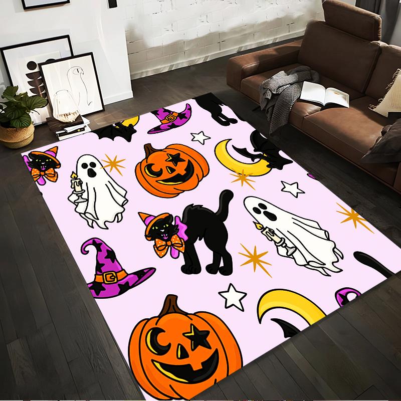 Halloween Theme: Cats, Ghosts, Pumpkins Non-slip Rug Suitable for Living Room and Bedroom Sofas.
