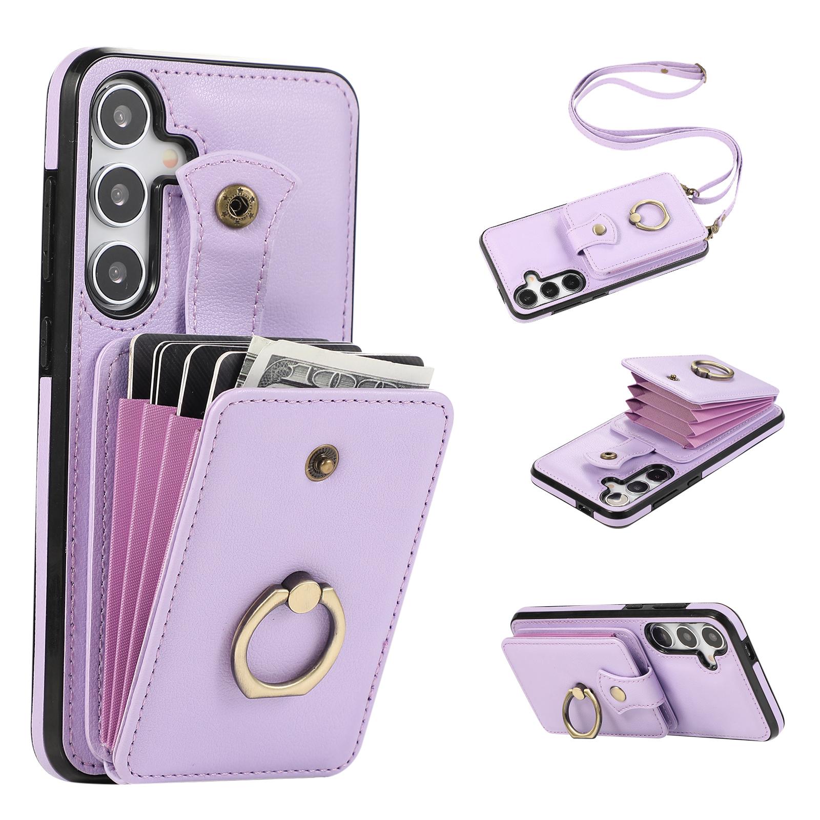 

For Samsung Galaxy A56 5G Case Card Holder Ring Kickstand TPU+PU Leather Phone Cover with Long Strap Purple