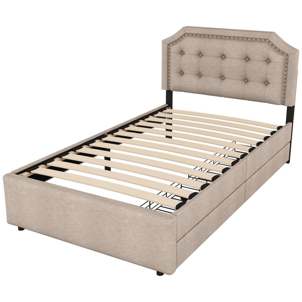 Children's Bed 90x200cm Slatted Frame Nightstand Upholstery Rivets Double Drawers Linen Adults Youth Without Mattress